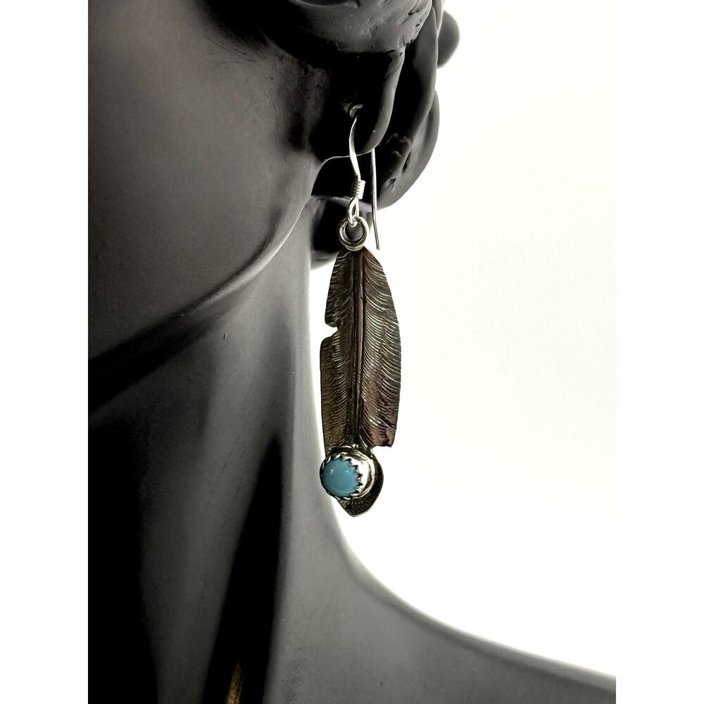 Running Bear Turquoise Cabochon Feather Dangle Earrings
